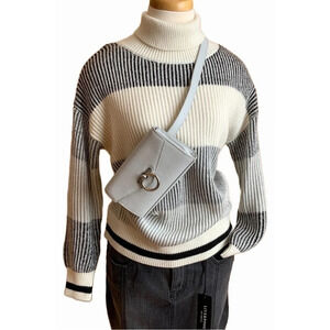 FUNSPORT Striped Ribbed Knit Turtleneck Sweater Size M Scandi Style